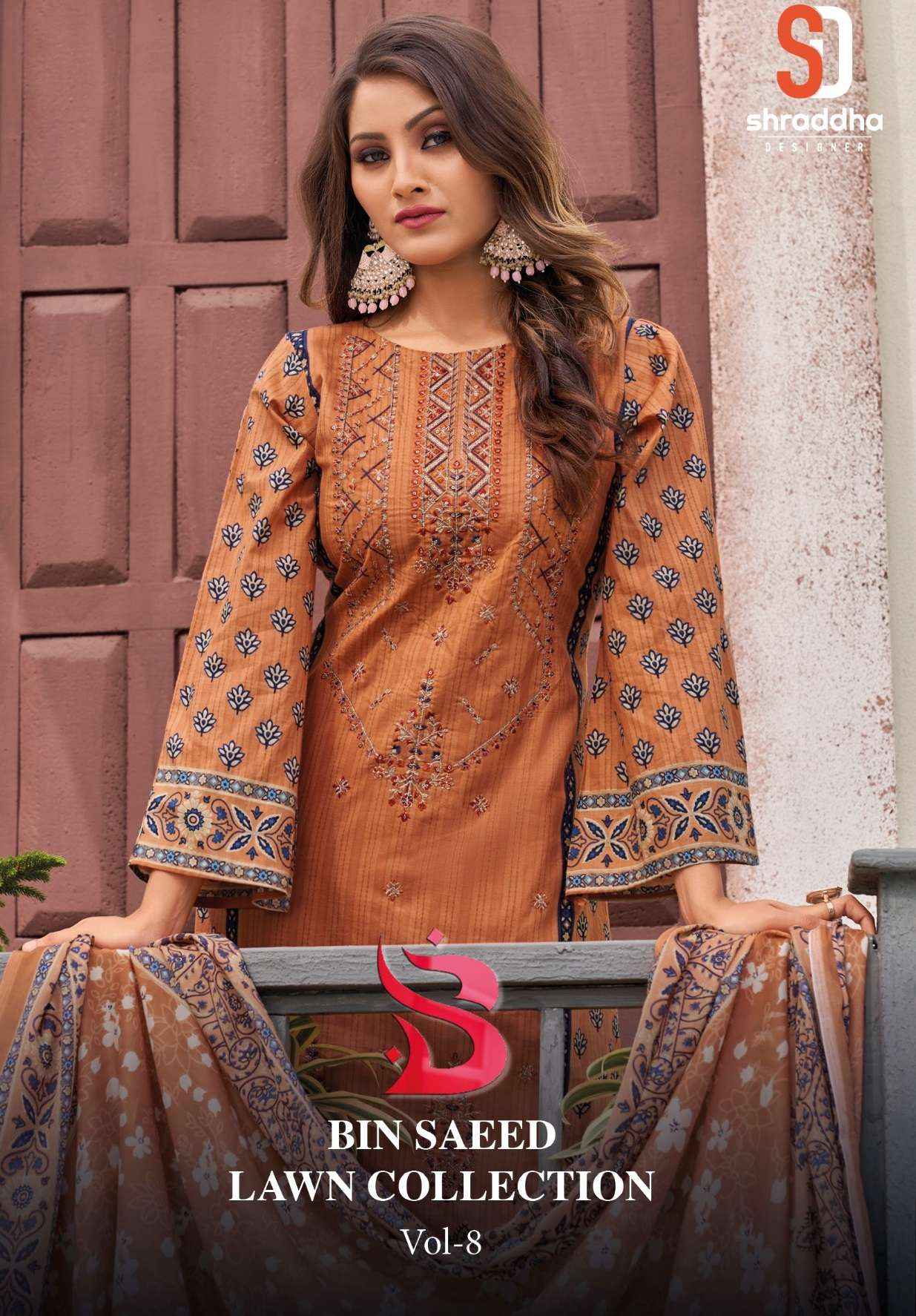 Shraddha Designer Bin Saeed Lawn Collection Vol 8 Cotton Dress Material 6 pc Cataloge