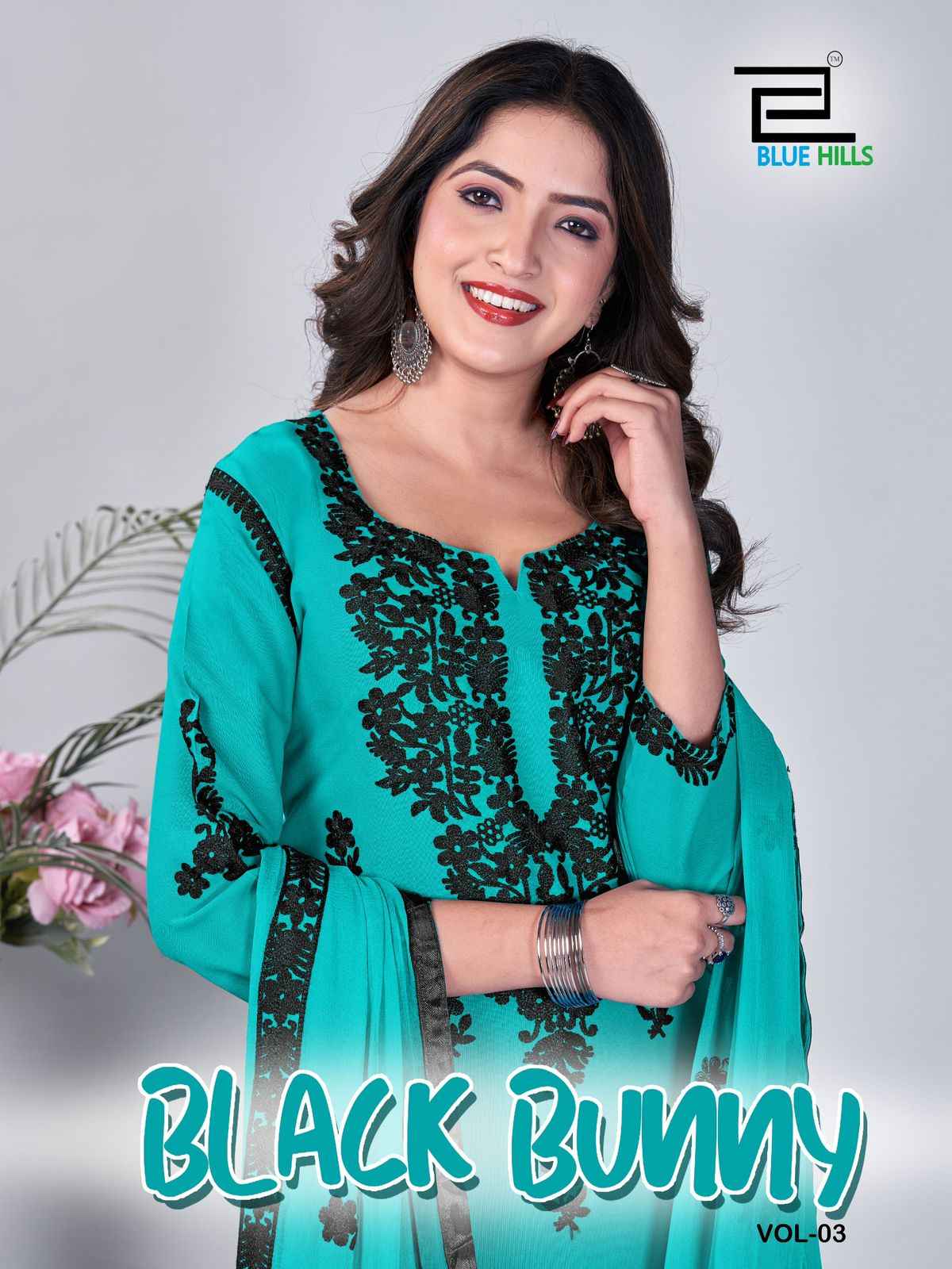 Blue Hills Black Bunny Vol-3 Rayon With Work Readymade Suit (5 Pc Catalog)