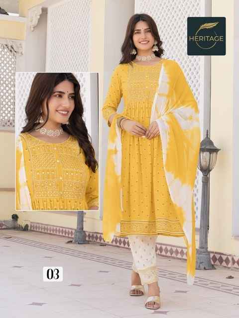 Heritage Kavya Rayon Embroidered Readymade Suit  (6 pcs Catalogue)