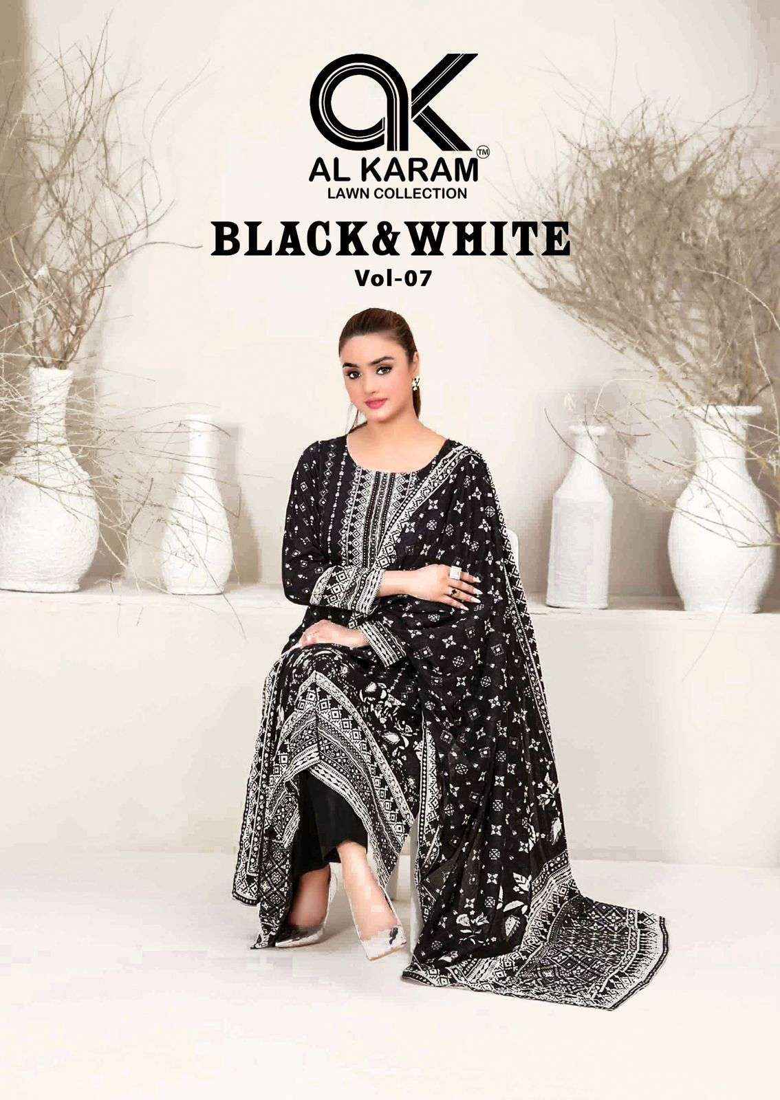 Al Karam Black And White Vol 7 Lawn Cotton Dress Material 6 pcs Catalogue