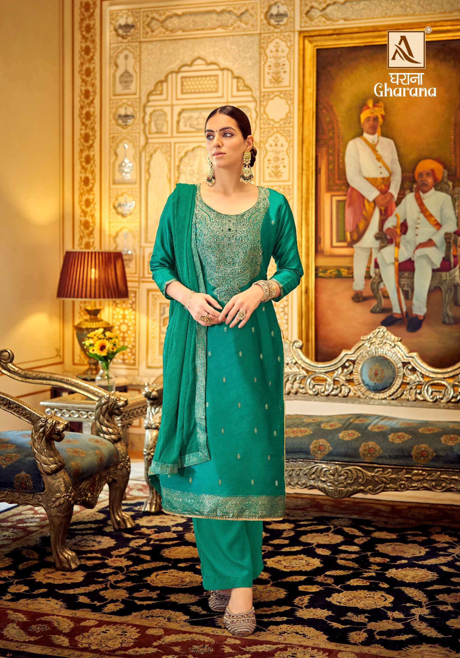 Alok Gharana Jacquard Dress Material 6 pcs Catalogue Online Wholesale Suits Trader