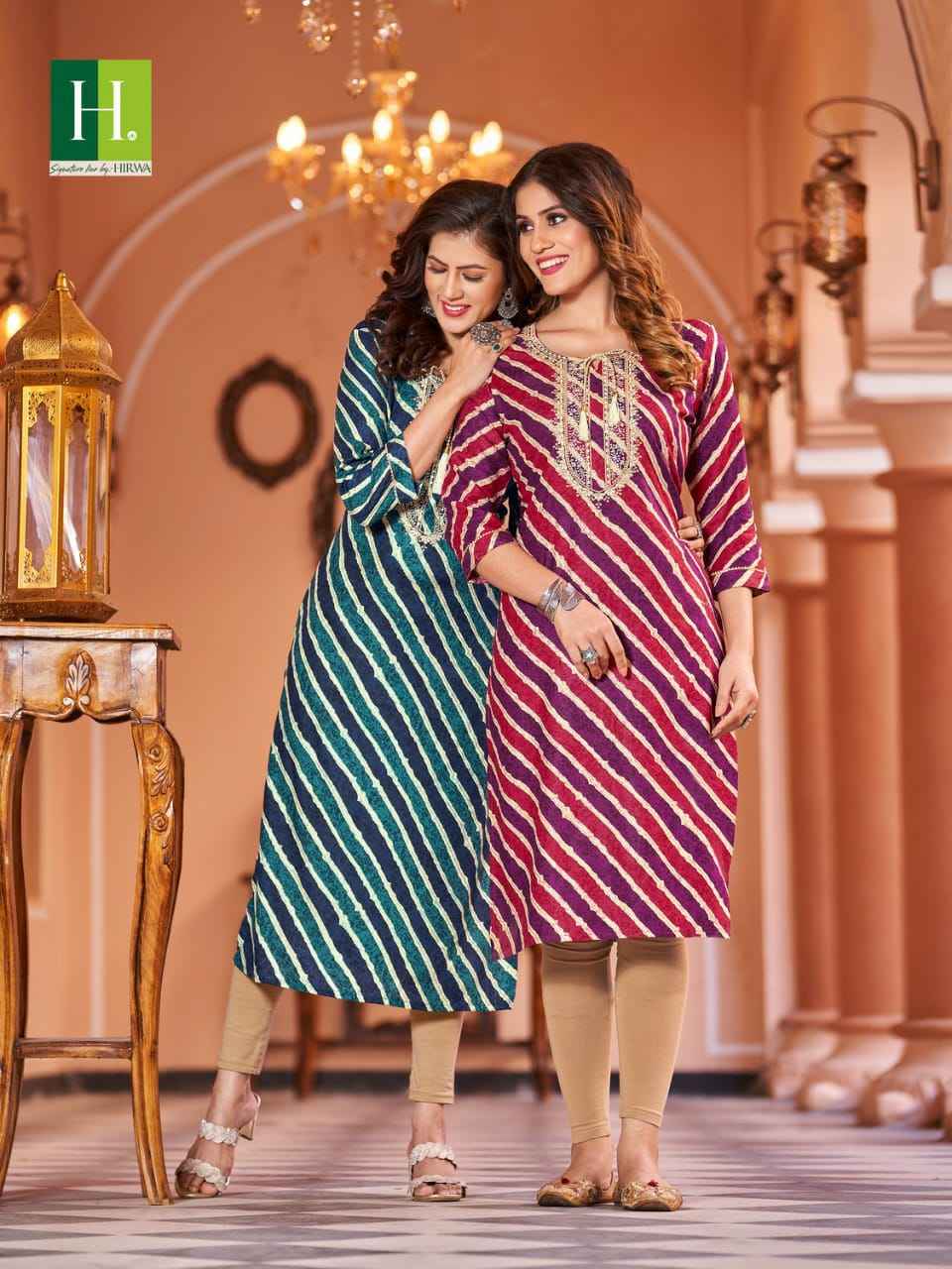 Hirwa Leheriya Heavy Rayon Foil Print Kurti (8 Pc Catalog)