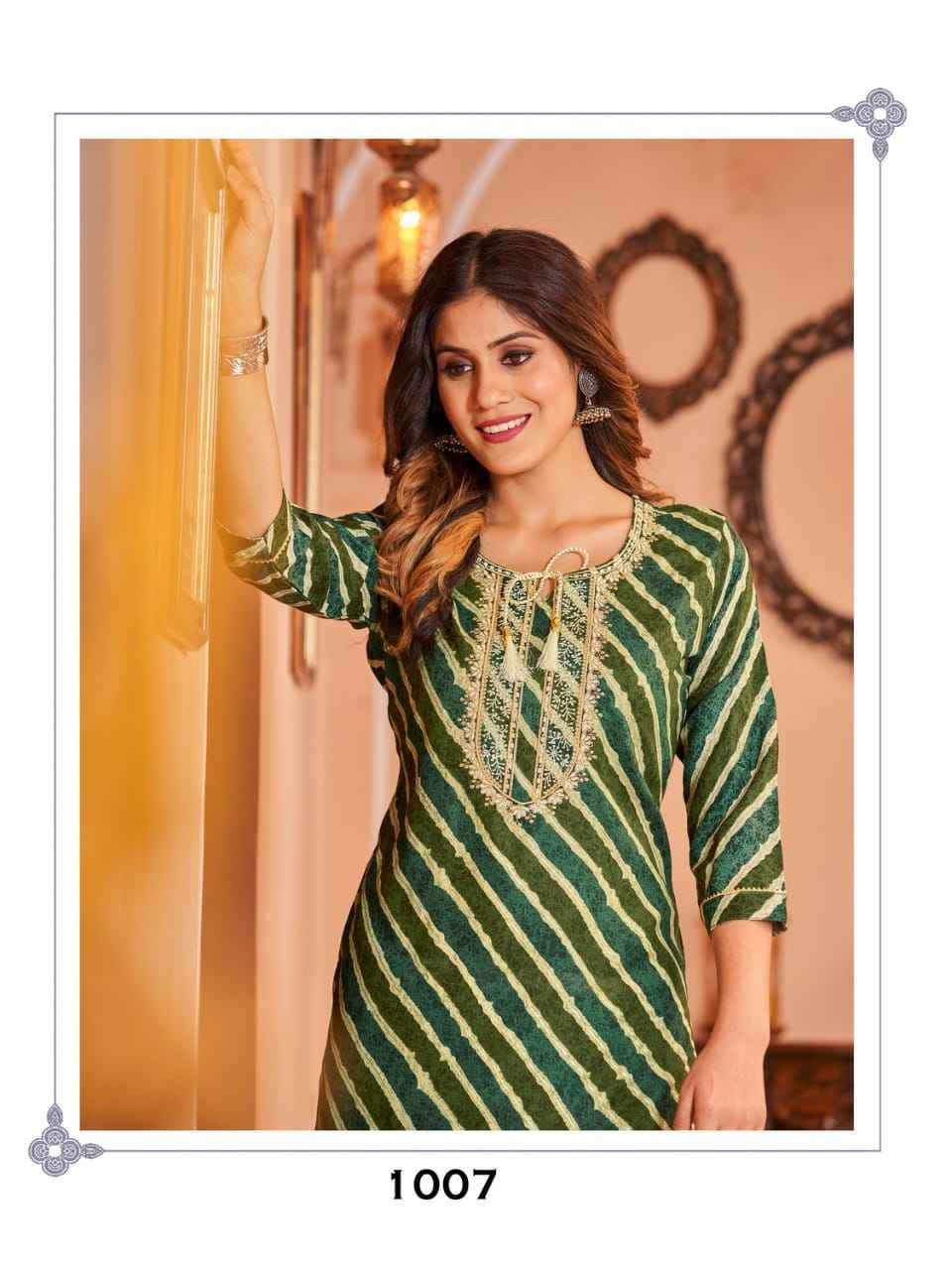 Hirwa Leheriya Heavy Rayon Foil Print Kurti (8 Pc Catalog)