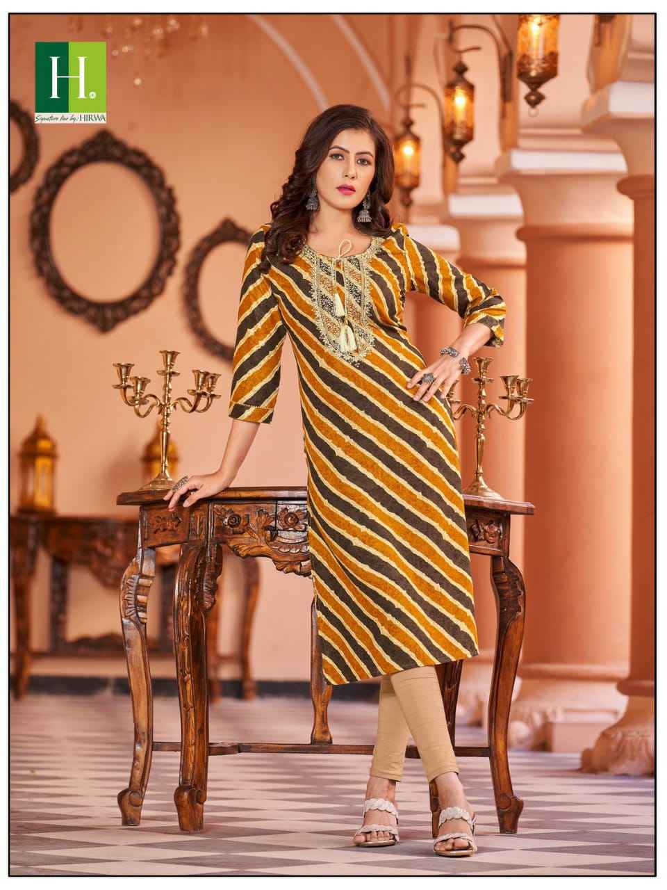 Hirwa Leheriya Heavy Rayon Foil Print Kurti (8 Pc Catalog)