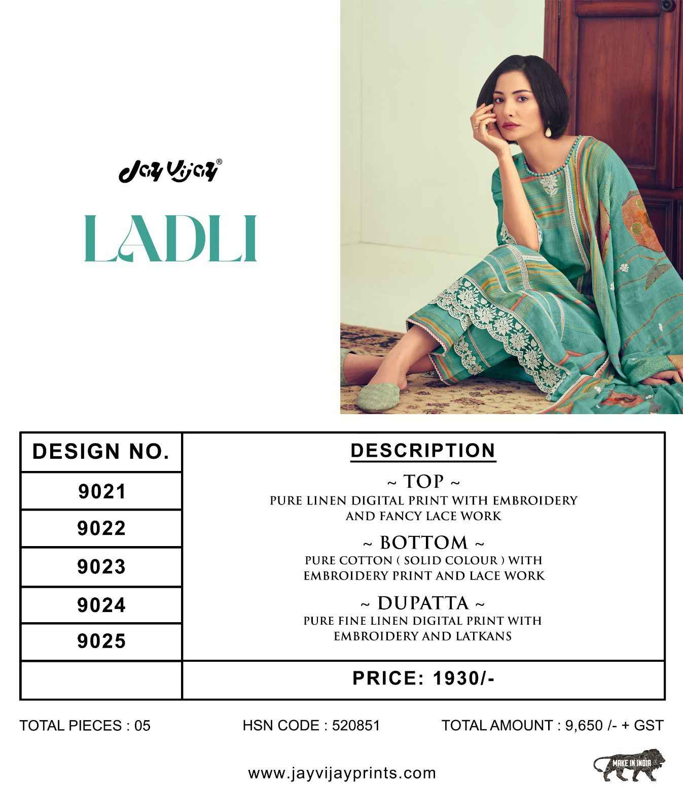 Jay Vijay Ladli Pure Linen Digital Print Dress Material (5 Pc Catalouge))