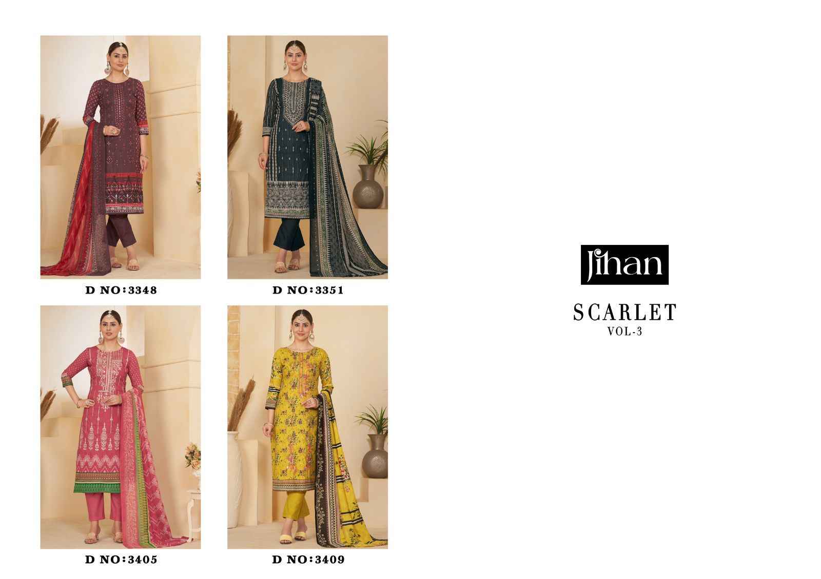 Jihan Scarlet Vol-3 Lawn Cotton Dress Material (4 pcs Catalogue)