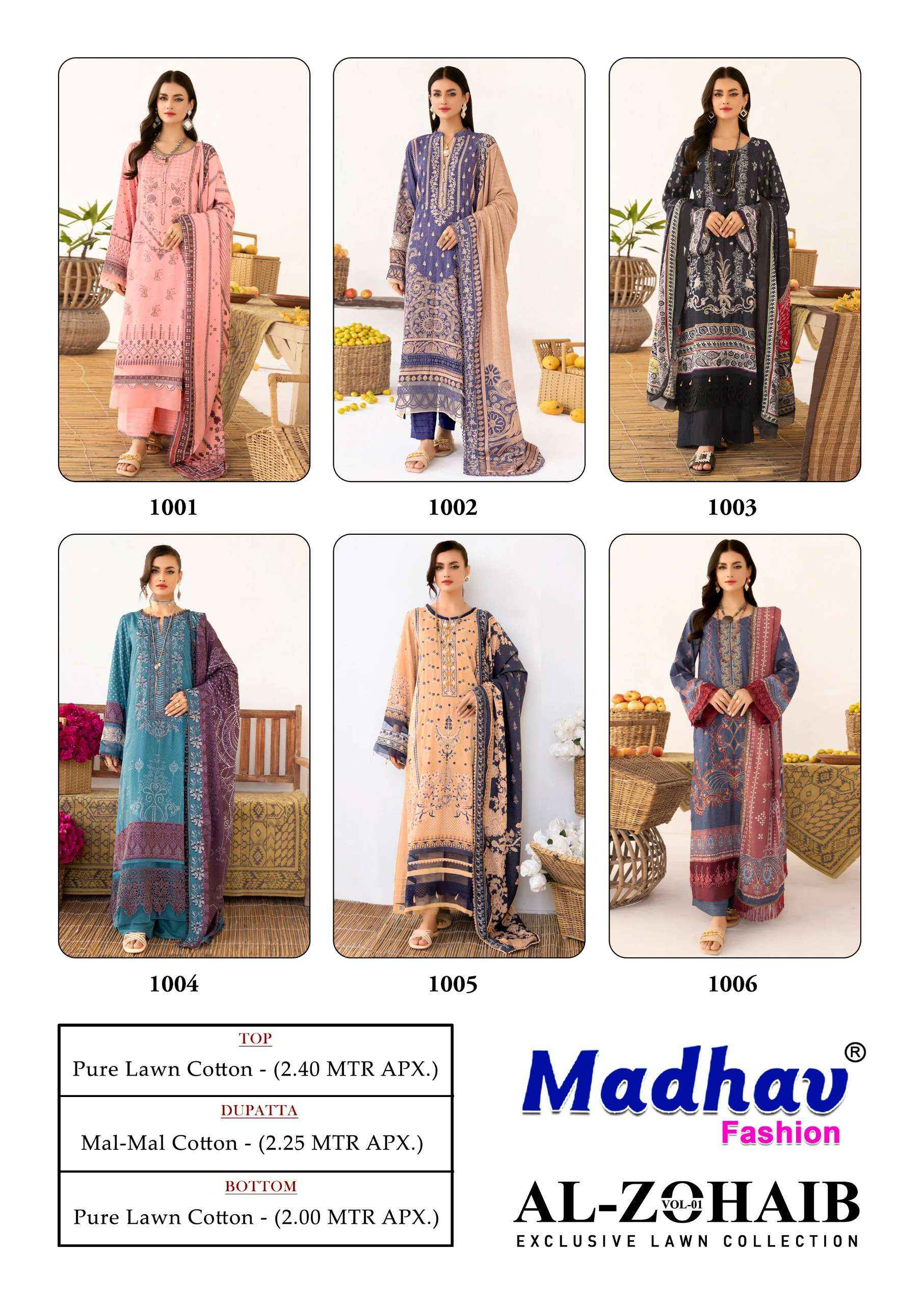 Madhav Fashion Al Zohaib Vol 1 Lawn Cotton Dress Material 6 pcs Catalogue