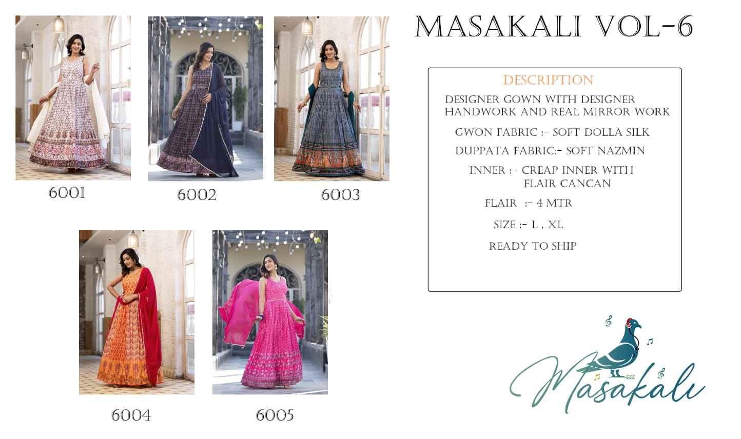 Masakali Vol 6 Soft Dola Gown With Dupatta 5 pcs Catalogue