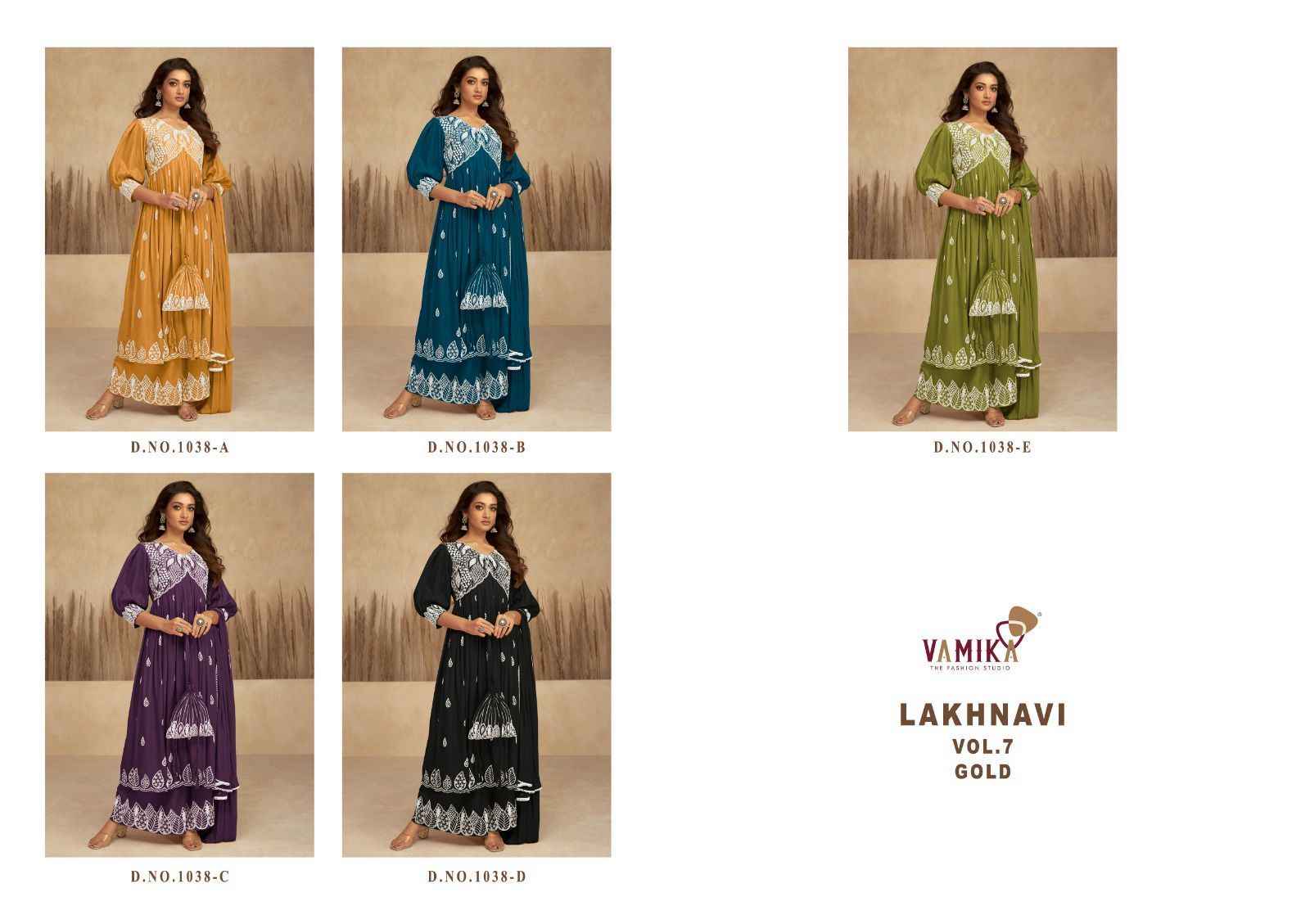 Vamika Lakhnavi Vol 7 Gold Readymade Reyon Dress 5 pcs Catalogue