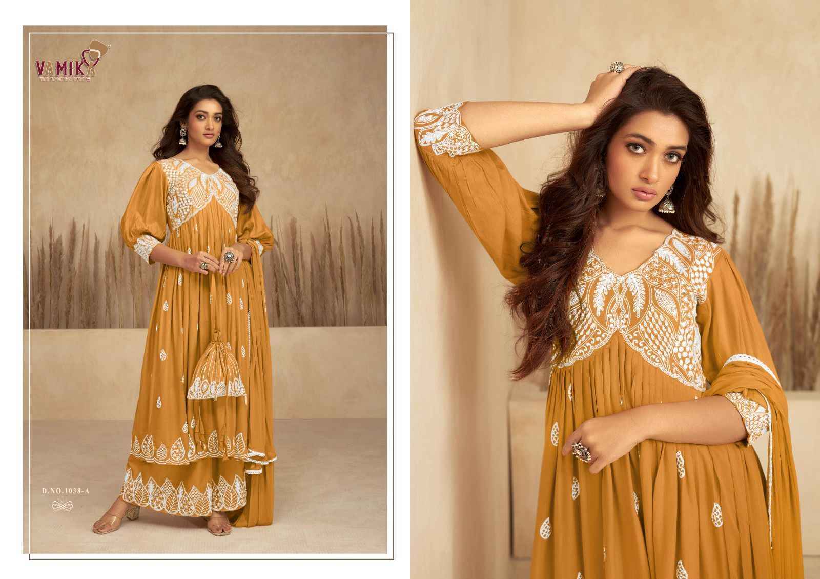 Vamika Lakhnavi Vol 7 Gold Readymade Reyon Dress 5 pcs Catalogue