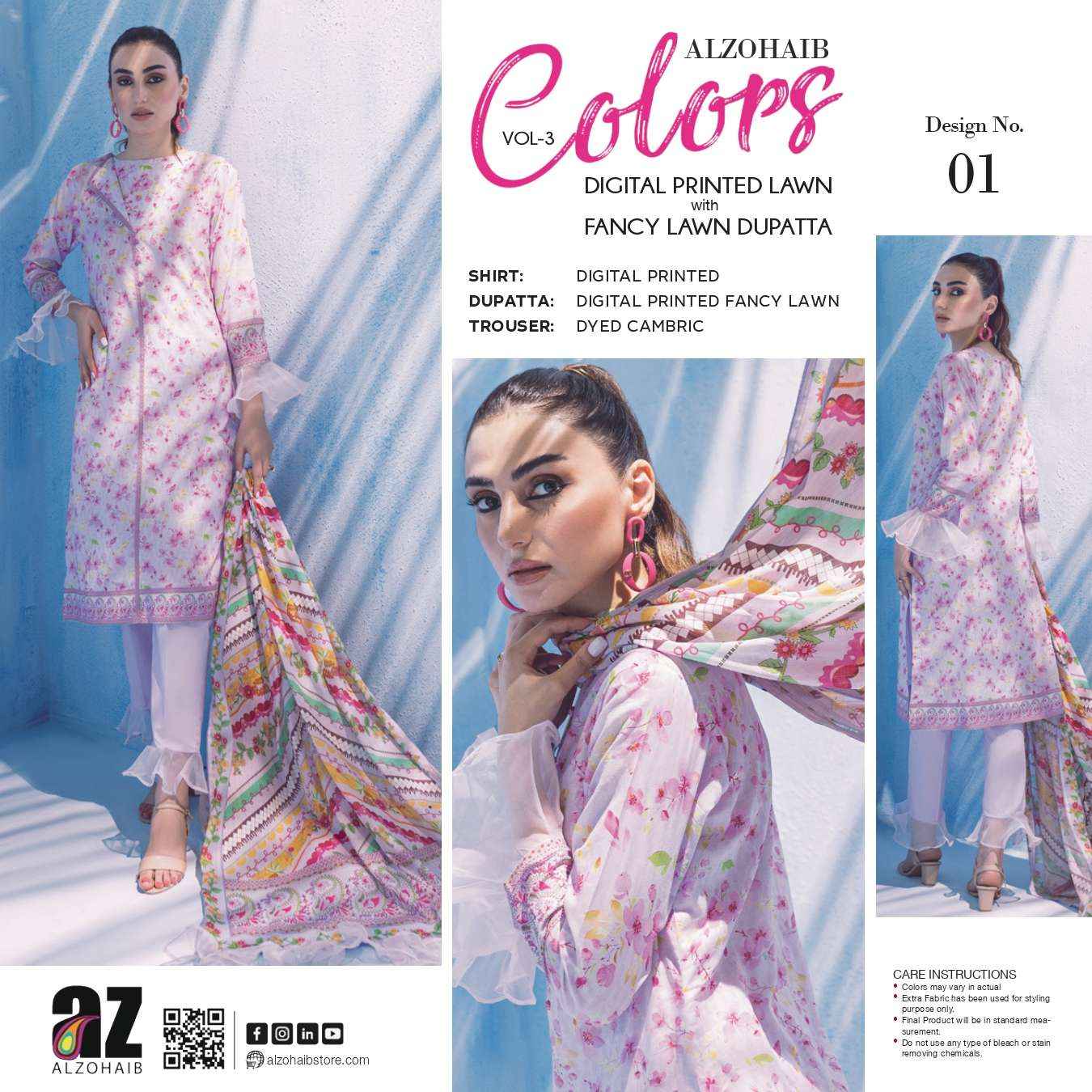 Al Zohaib Colors Lawn Cotton Dress Material 15 pcs Catalogue