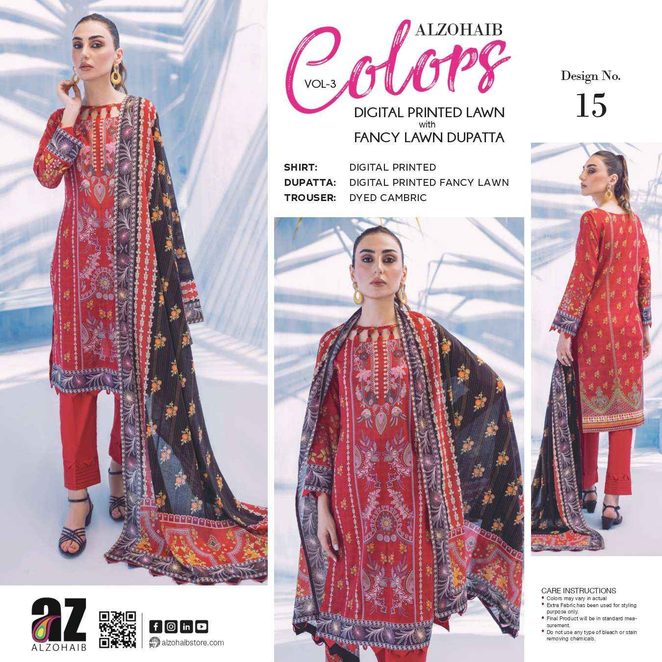 Al Zohaib Colors Lawn Cotton Dress Material 15 pcs Catalogue