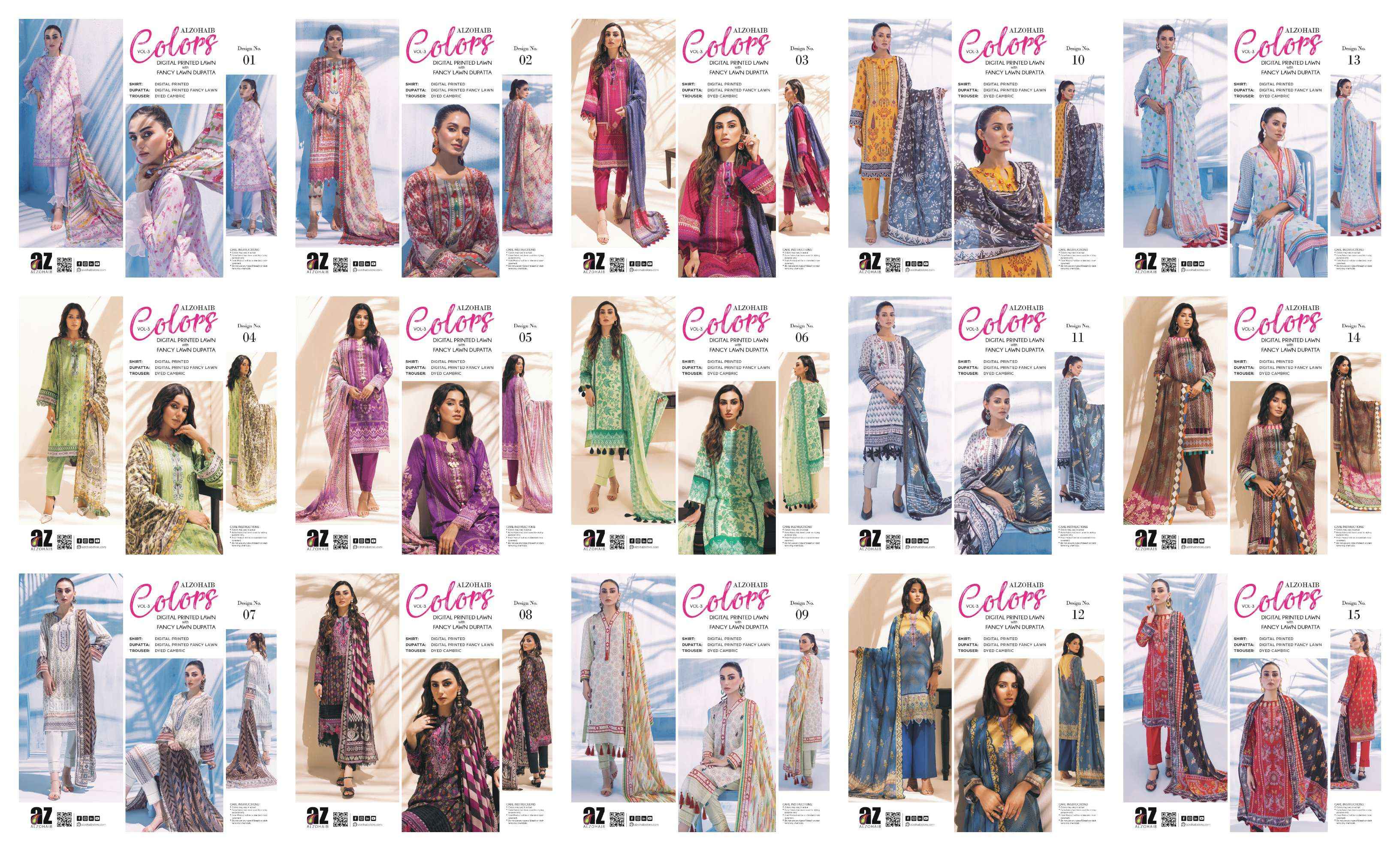 Al Zohaib Colors Lawn Cotton Dress Material 15 pcs Catalogue