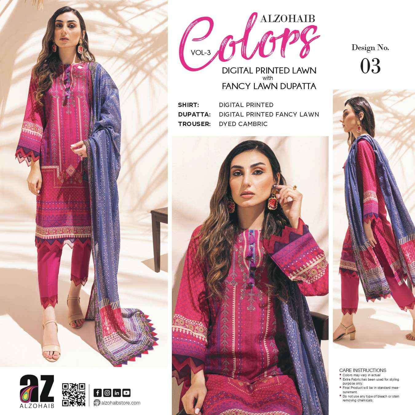 Al Zohaib Colors Lawn Cotton Dress Material 15 pcs Catalogue