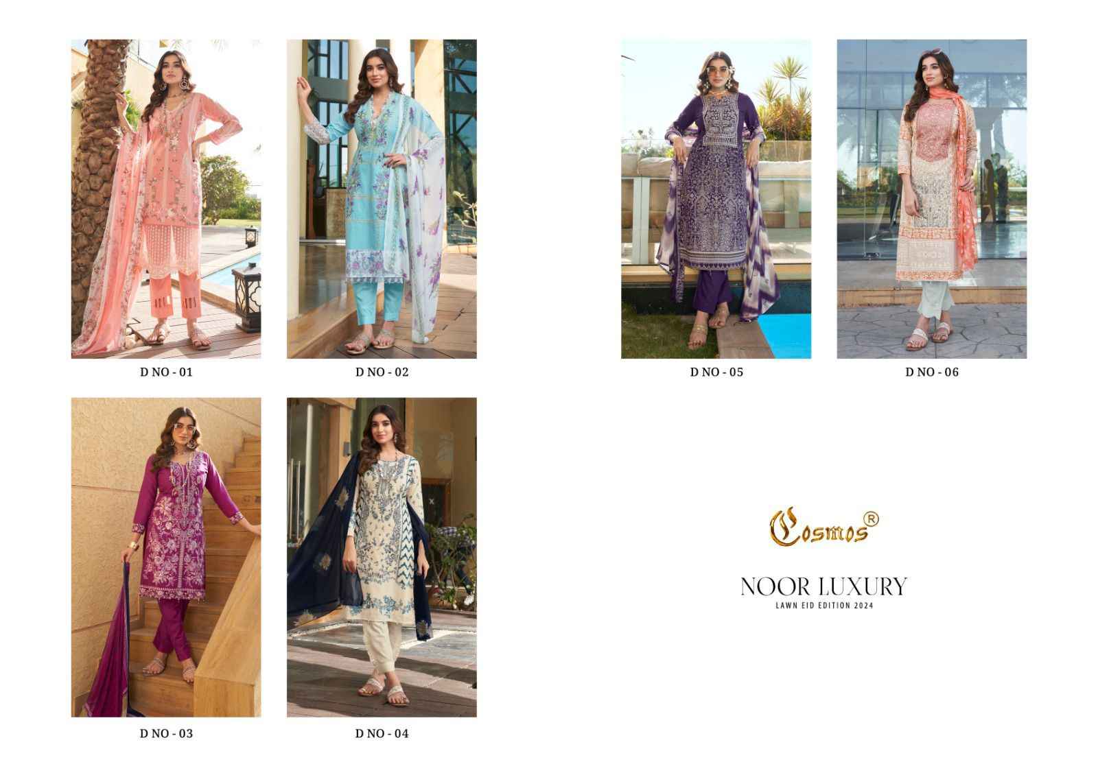 Cosmos Noor Luxury Lawn Eid Edition 2024 Collection Dress Material (6 Pc Catalog)