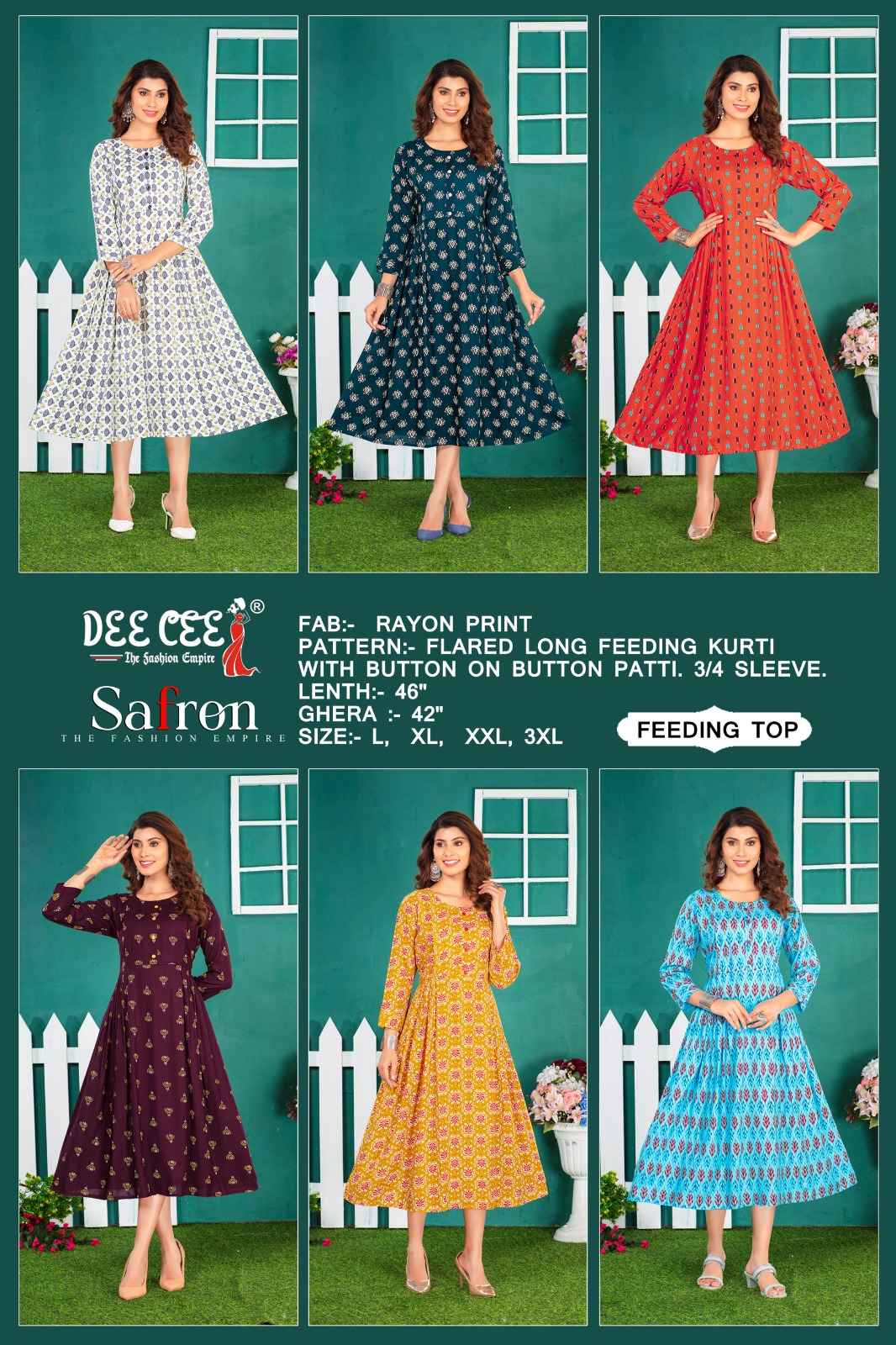 Dee Cee Safron Rayon Print Long Feeding Kurti (6 Pc Catalog)