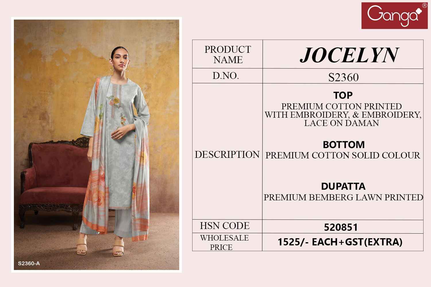 Ganga Jocelyn Premium Cotton Dress Material (4 Pc Catalog)