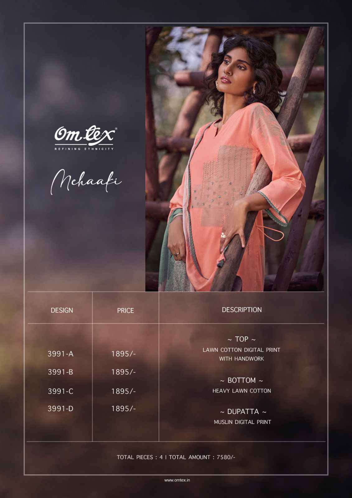 Omtex Mehaaki Lawn Cotton Dress Material (4 Pc Catalog)