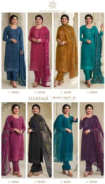 Vinay Silkina Royal Crepe-45 Royal Crepe Dress Material (8 pcs Catalogue)