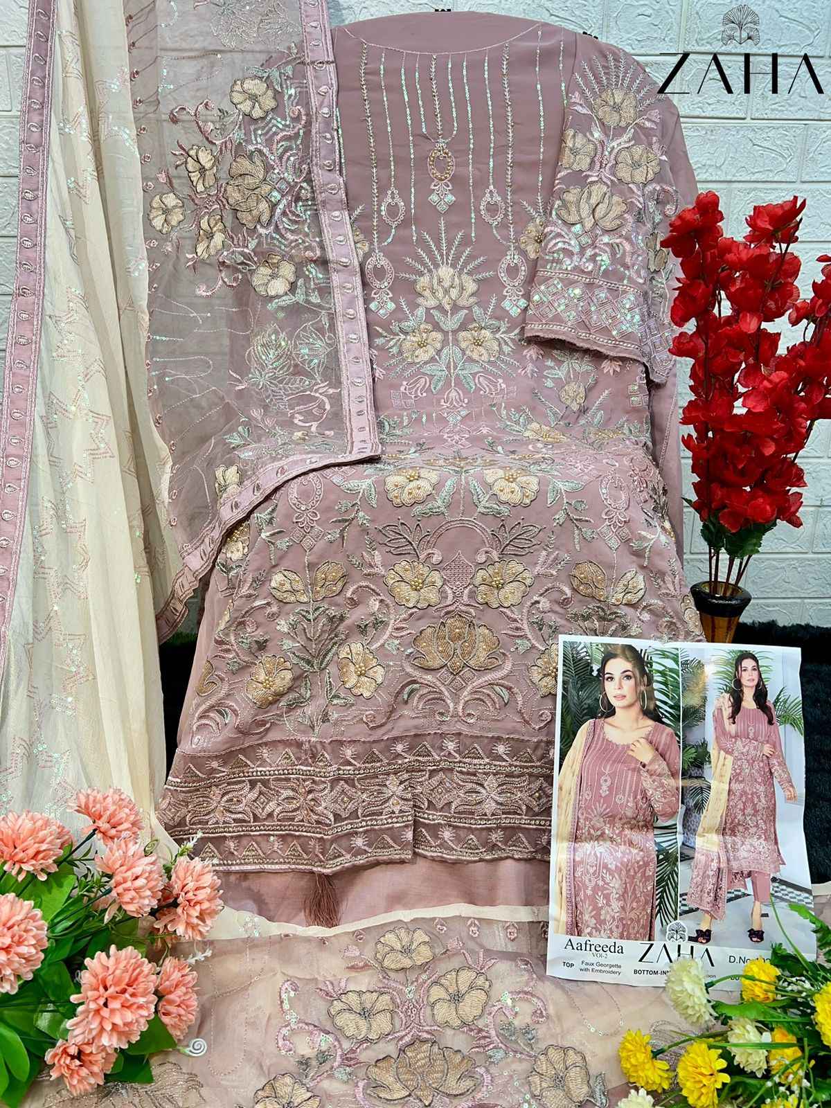 Zaha Aafreeda Faux Georgette Dress Material (3 pcs Catalogue)