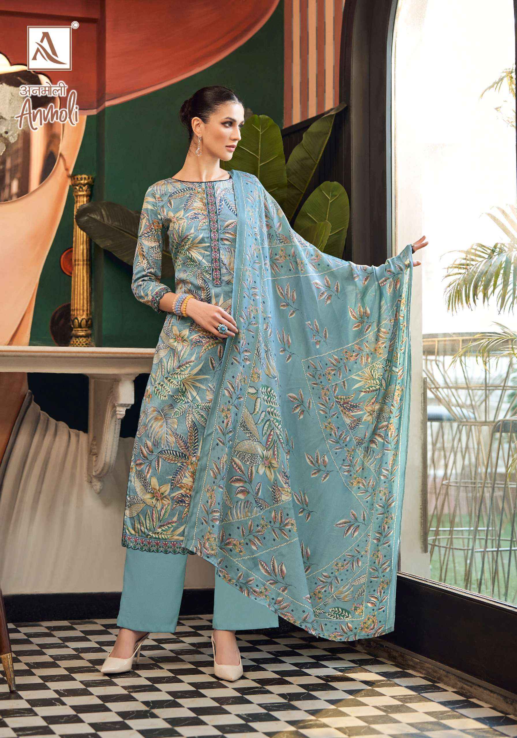 white christmas dresses Designer Jam Cotton Silk Dress Material (No. 29) – Aushima Creation main image 1