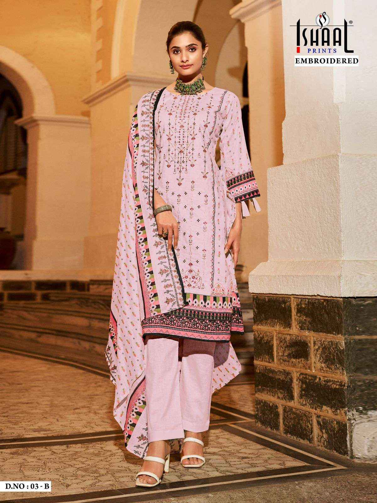 Ishaal Prints Embroidered D No 03 Lawn Cotton Dress Material 4 pcs Catalogue