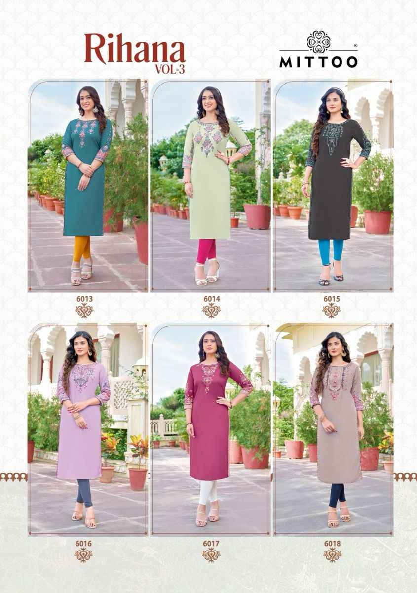 Mittoo Rihana Vol 3 Rayon Kurti 6 pcs Catalogue