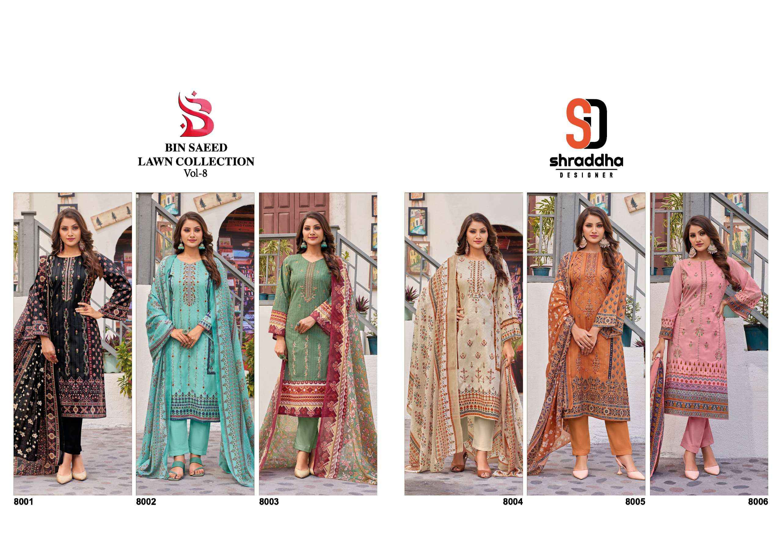 Shraddha Designer Bin Saeed Lawn Collection Vol 8 Cotton Dress Material 6 pc Cataloge