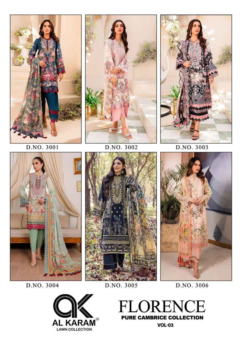 Al Karam Florence Vol 3 Cambric Cotton Dress Material 6 pcs Catalogue