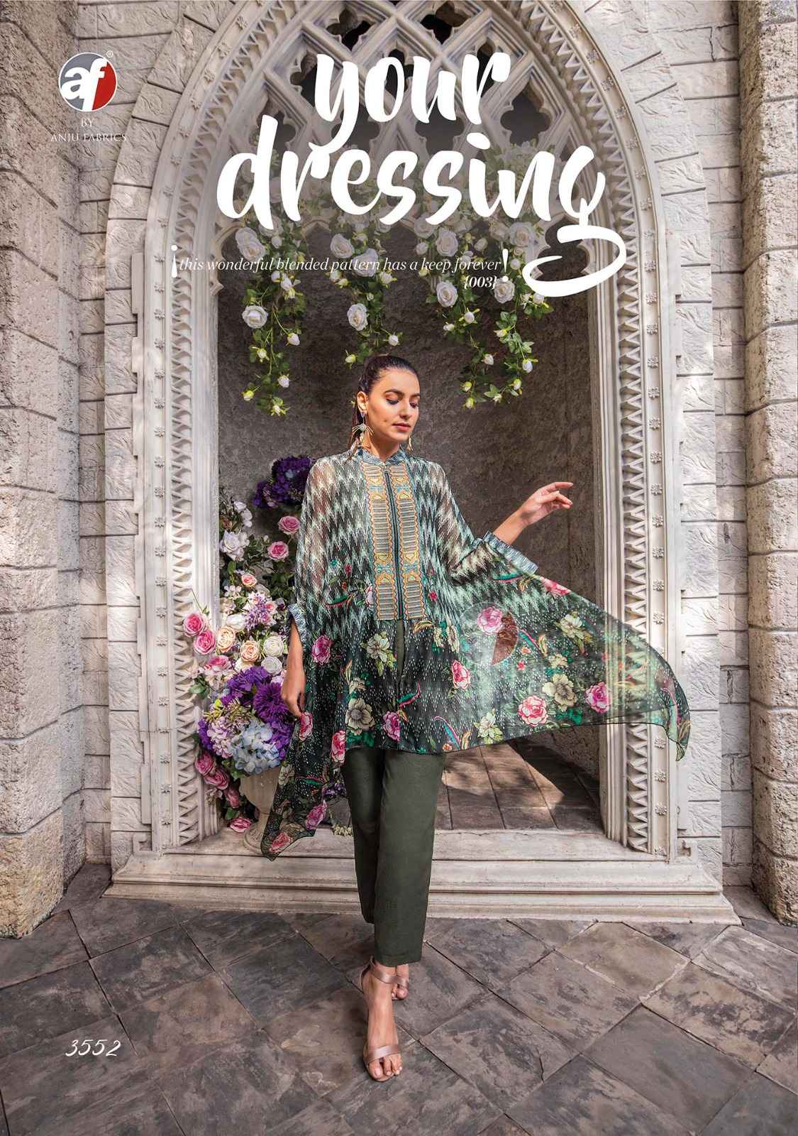 Anju Fabric Cape Style Viscose Printed  Top With Bottom (5 Pc Catalog)