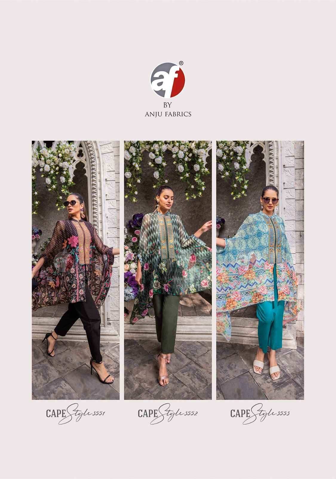 Anju Fabric Cape Style Viscose Printed  Top With Bottom (5 Pc Catalog)