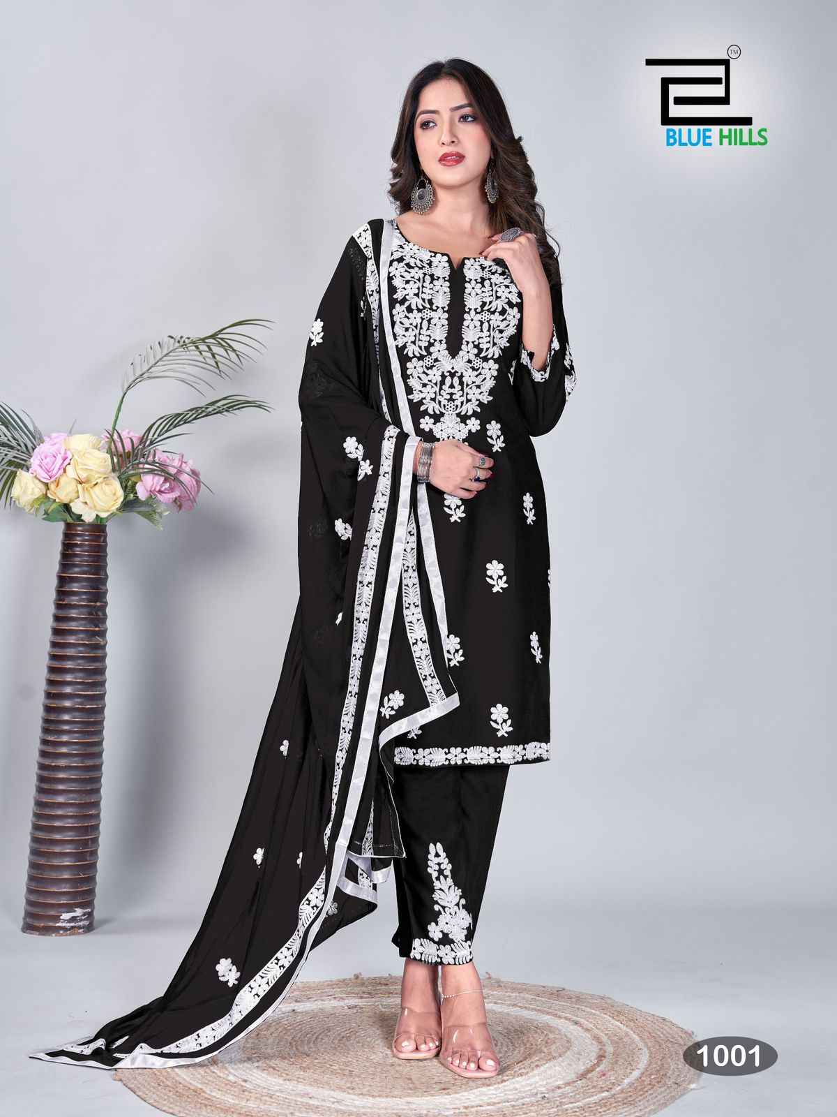 Blue Hills Black & White Rayon Readymade Suit (5 pcs Catalogue)