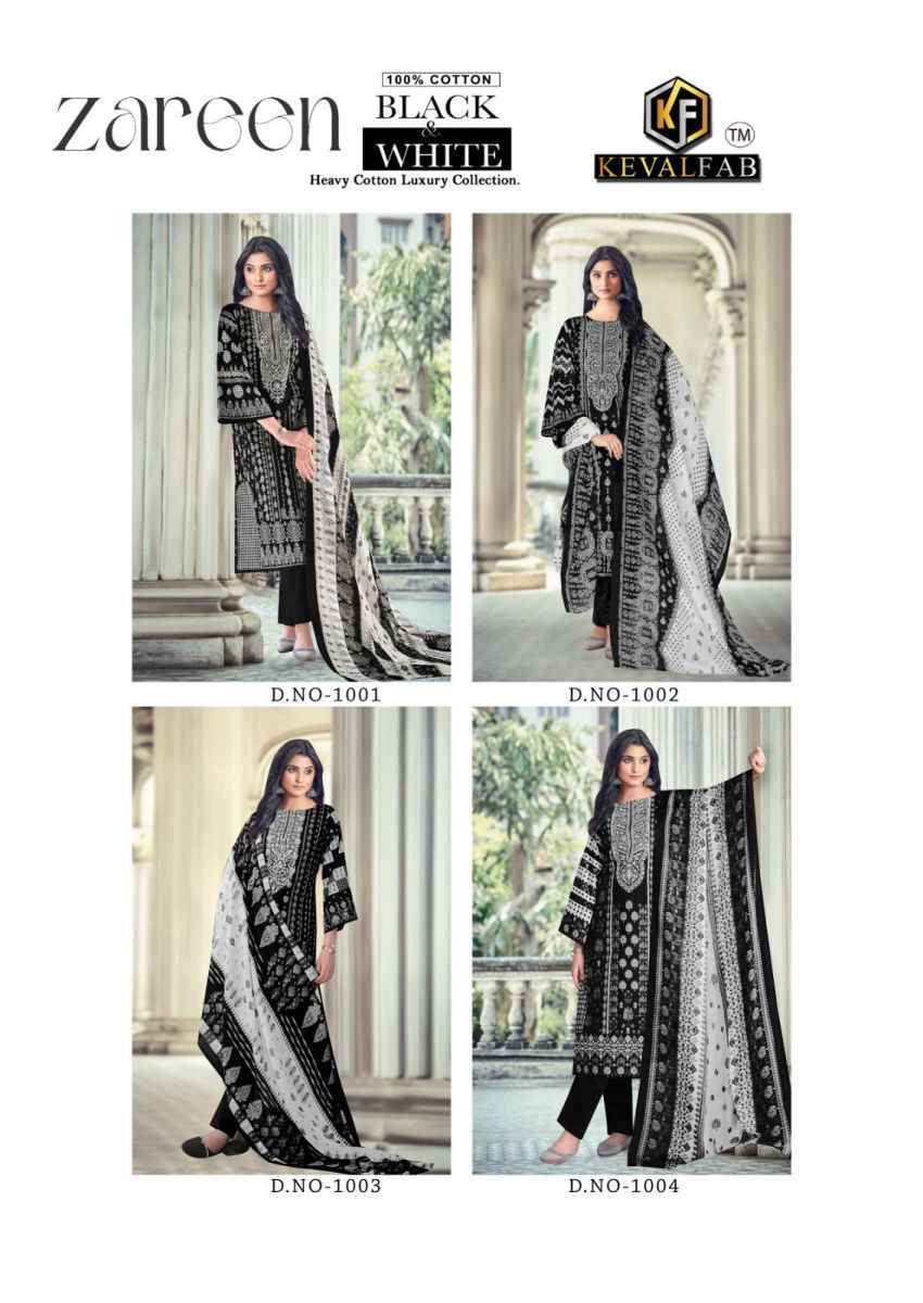 Keval Fab Zareen Black & White Cotton Dress Material 4 pcs Catalogue