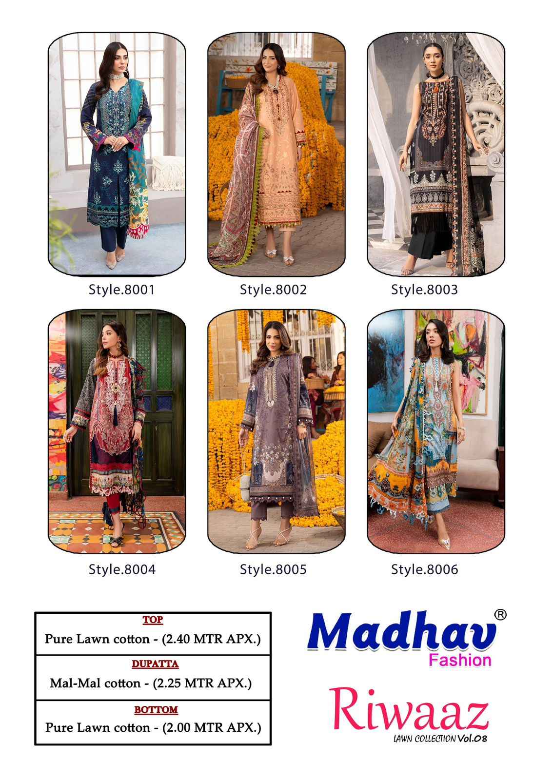 Madhav Fashion Riwaaz Vol-8 Lawn Cotton Dress Material (6 pcs catalog)
