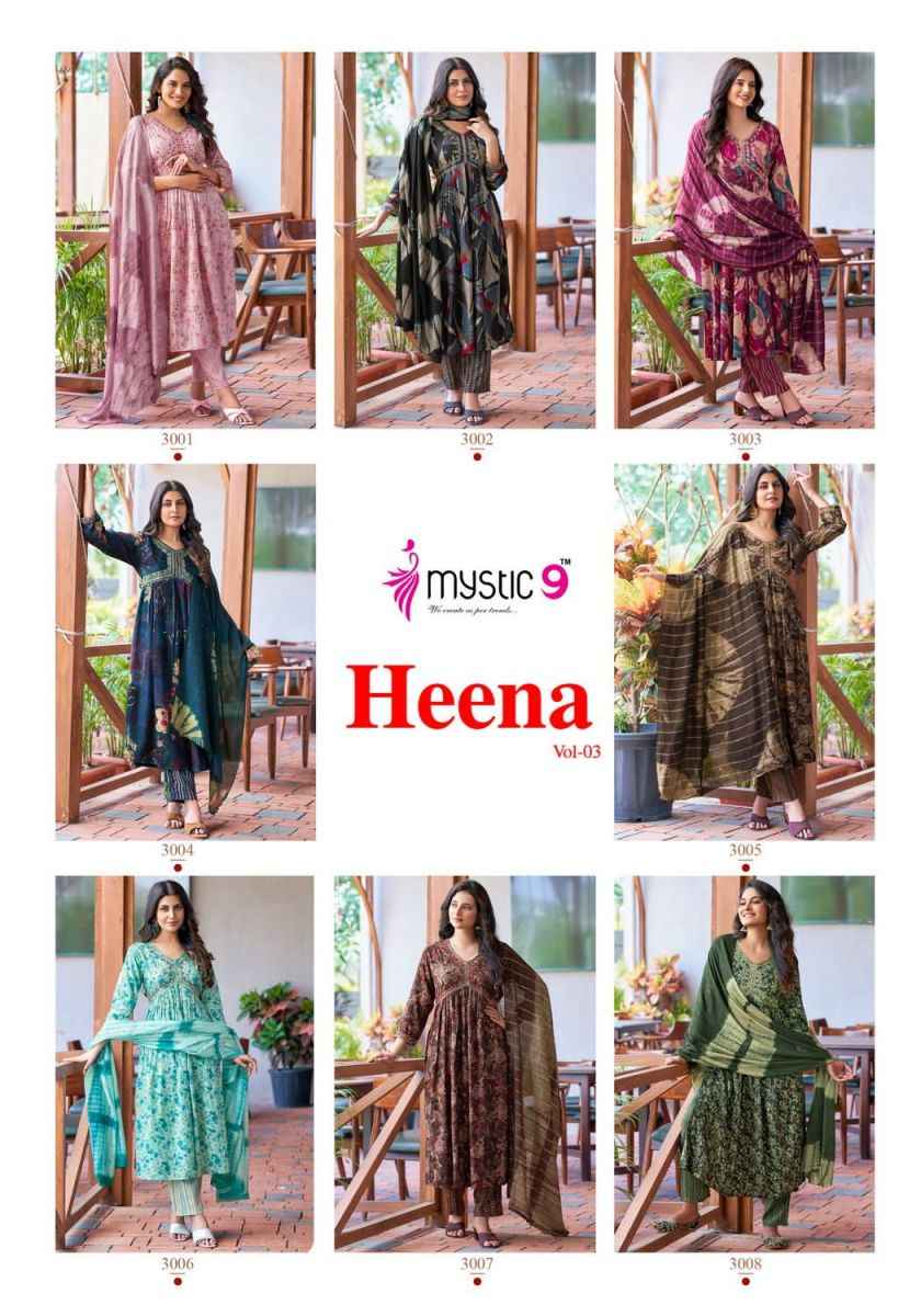 Mystic 9 Heena Vol-3 Rayon Readymade Suit (8 pcs Catalogue)