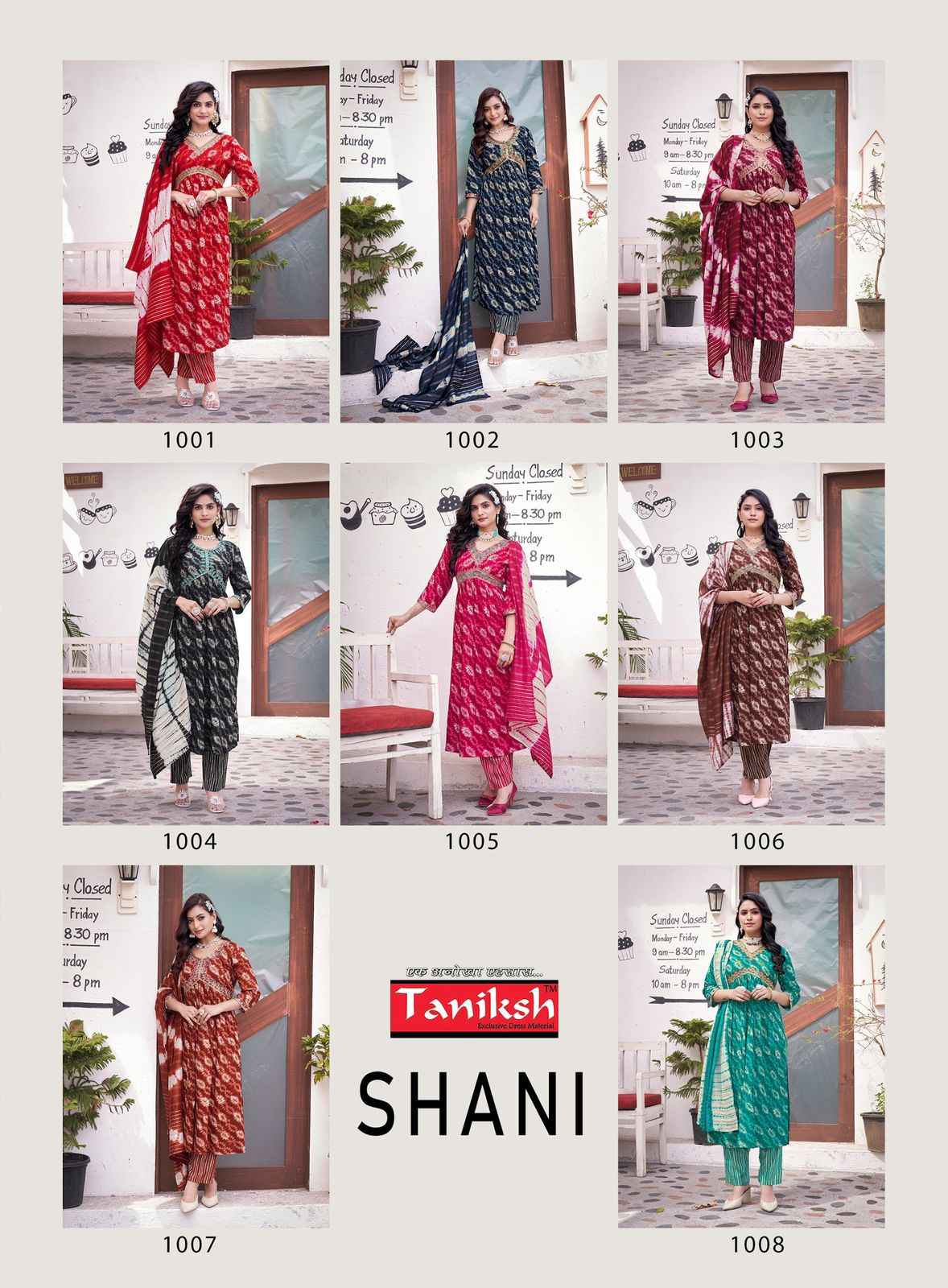 Taniksh Shani Vol-1 Rayon Print Alia Cut Readymade Suit (8 Pc Catalouge)