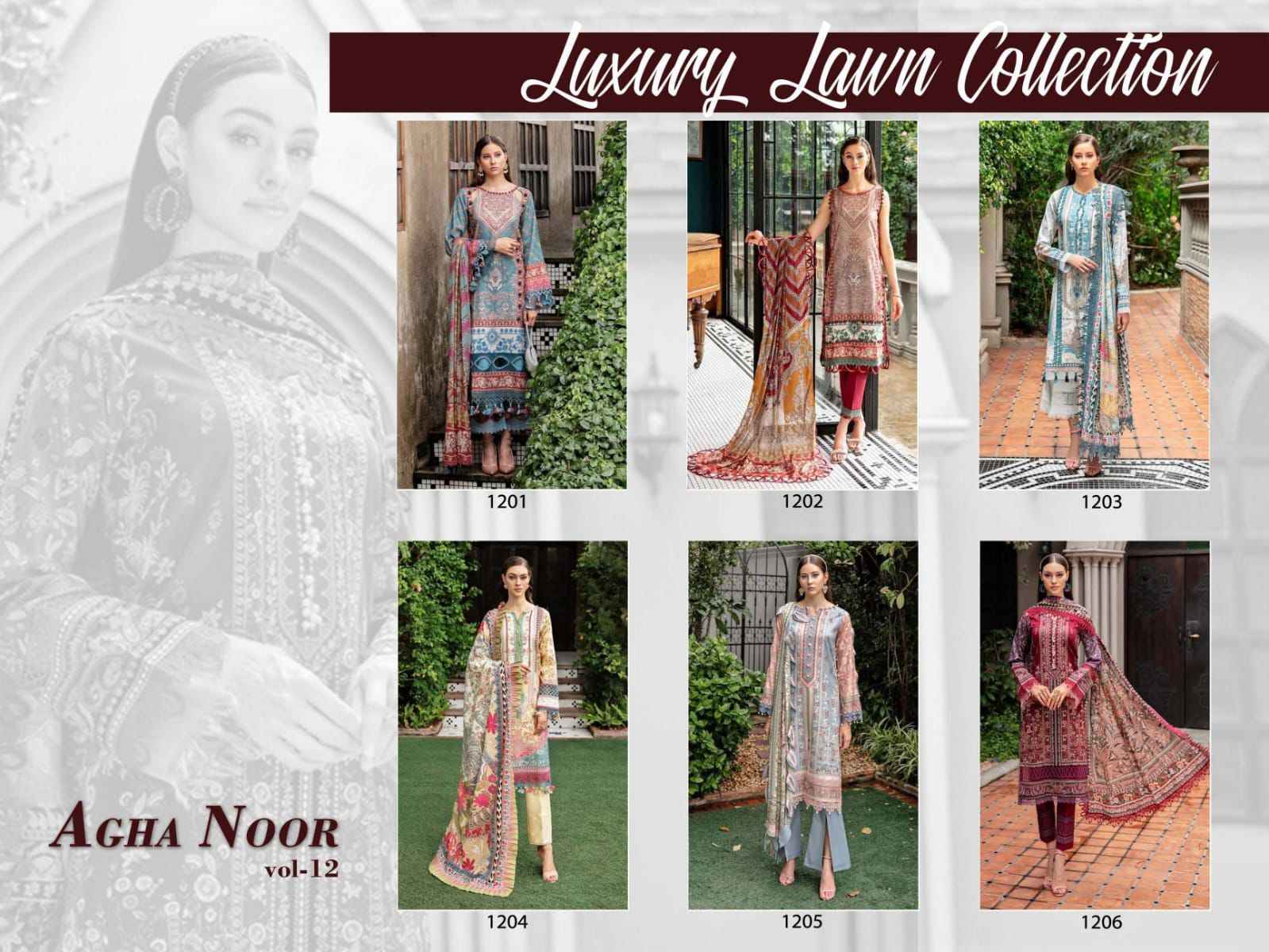 Agha Noor Luxury Lawn Collection Vol-12 Lawn Cotton Dress Material (6 pcs Cataloge)