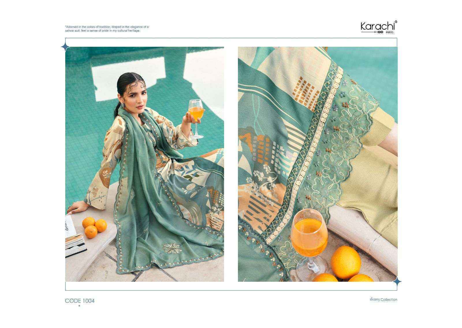 Kesar Karachi Prints Summer Swag Jam Satin Dress Material (4 pcs Catalogue)