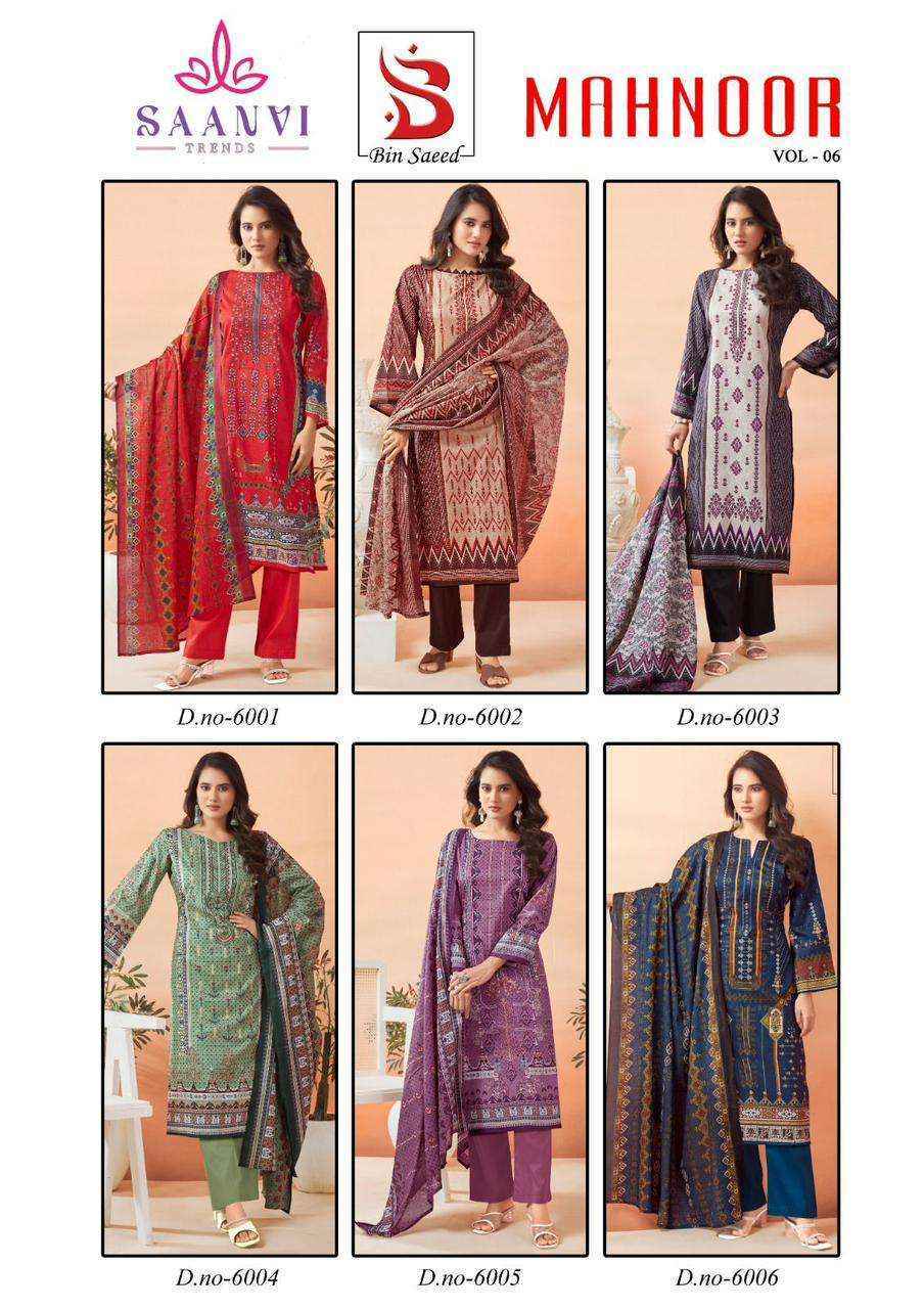 Saanvi Trends Bin Saeed Mahnoor Vol-6 Lawn Cotton Dress Material (6 pcs Catalogue)