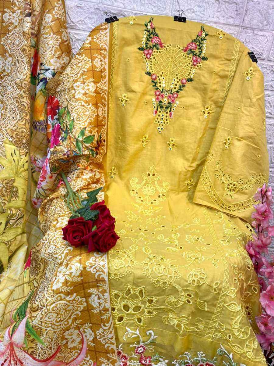 yellow colour cotton dress material Elegant Yellow Cotton Blend Dress Material Adorned With Floral Embroid