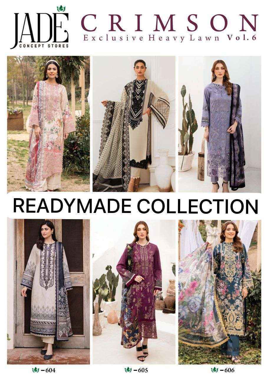 Jade Crimson Exclusive Heavy Lawn Collection Vol-6 Lawn Cotton Readymade Suit (6 pc Cataloge)