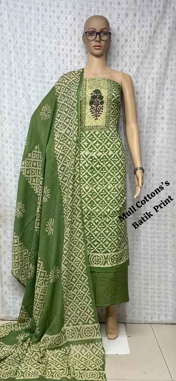 mulmul cotton dress materials Jungle Green cotton latest dress materials with mulmul dupatta
