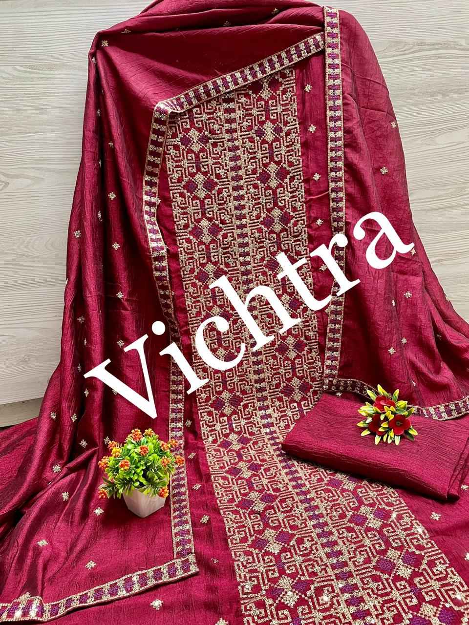 Vichitra Full Embroidery Work Non Catalog Dress Material (4 Pc Catalog)