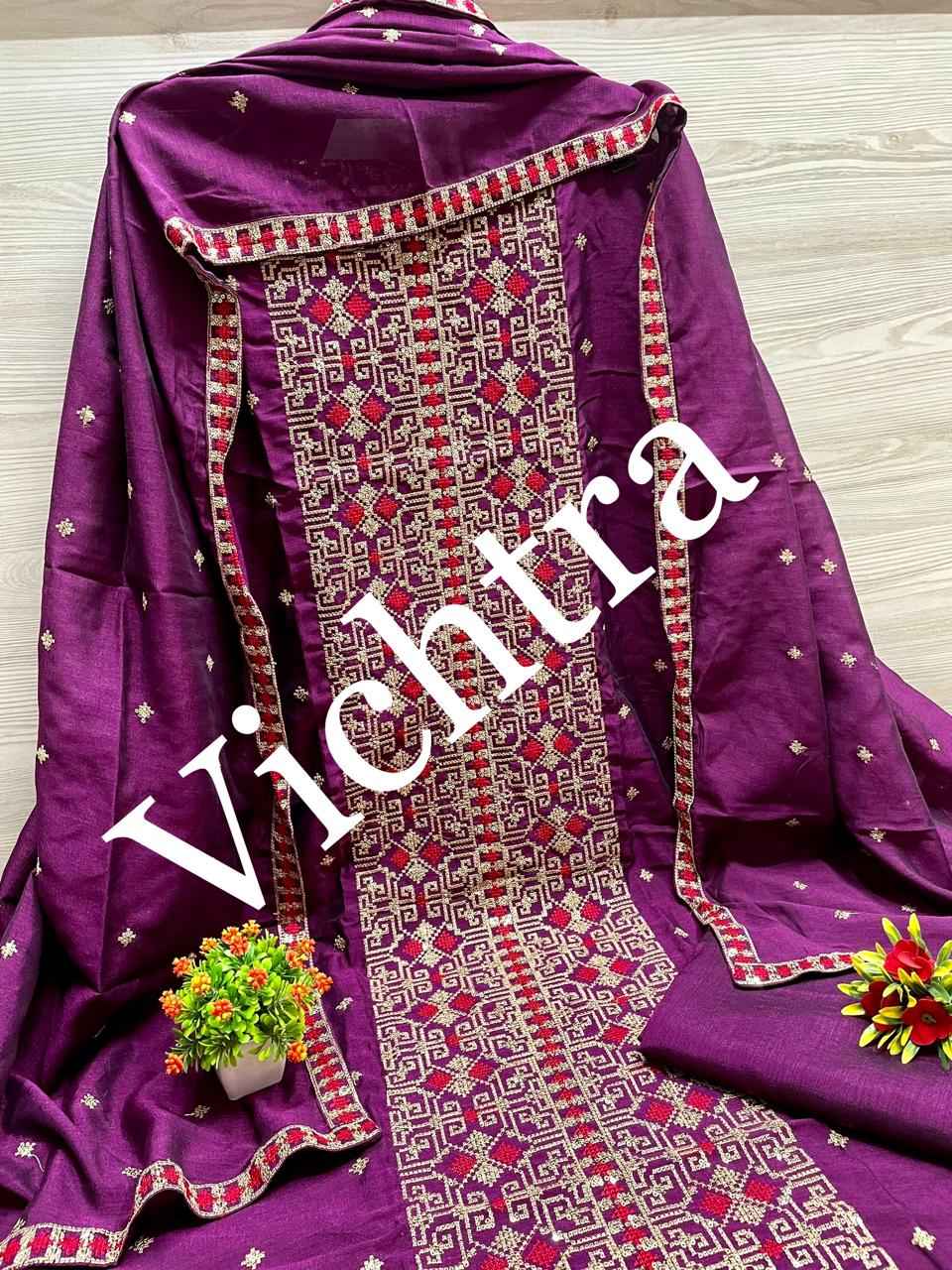 Vichitra Full Embroidery Work Non Catalog Dress Material (4 Pc Catalog)