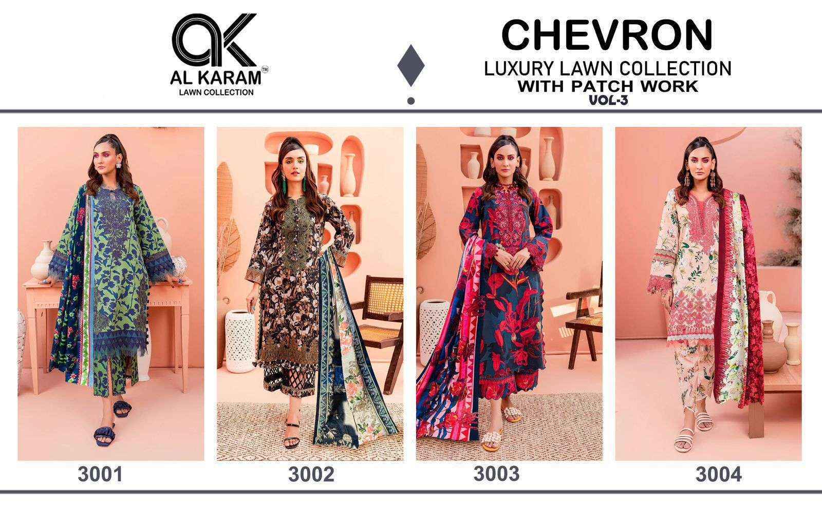 Al Karam Chevron Luxury Lawn Collection Vol-3 Cotton Dress Material (4 pcs Catalogue)
