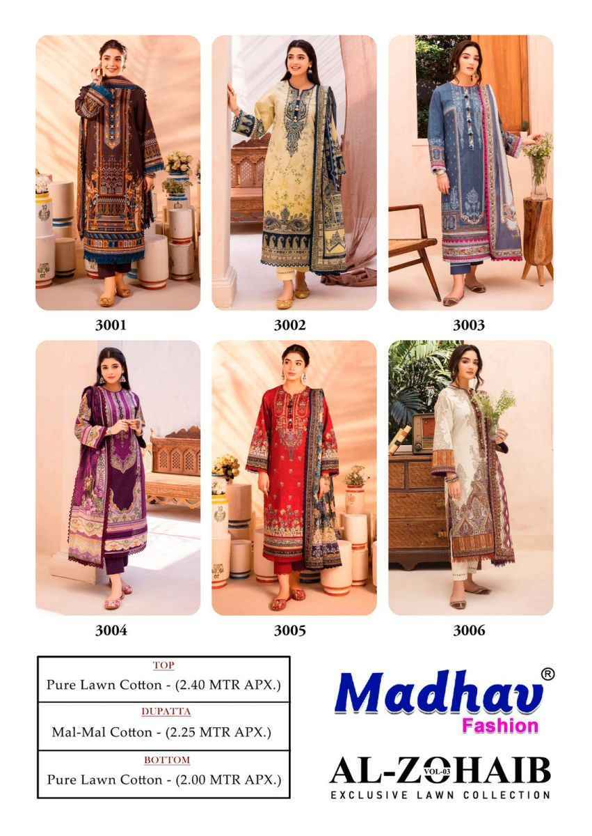 Madhav Fashion Al Zohaib Vol-3 Lawn Cotton Dress Material (6 pcs Catalogue)