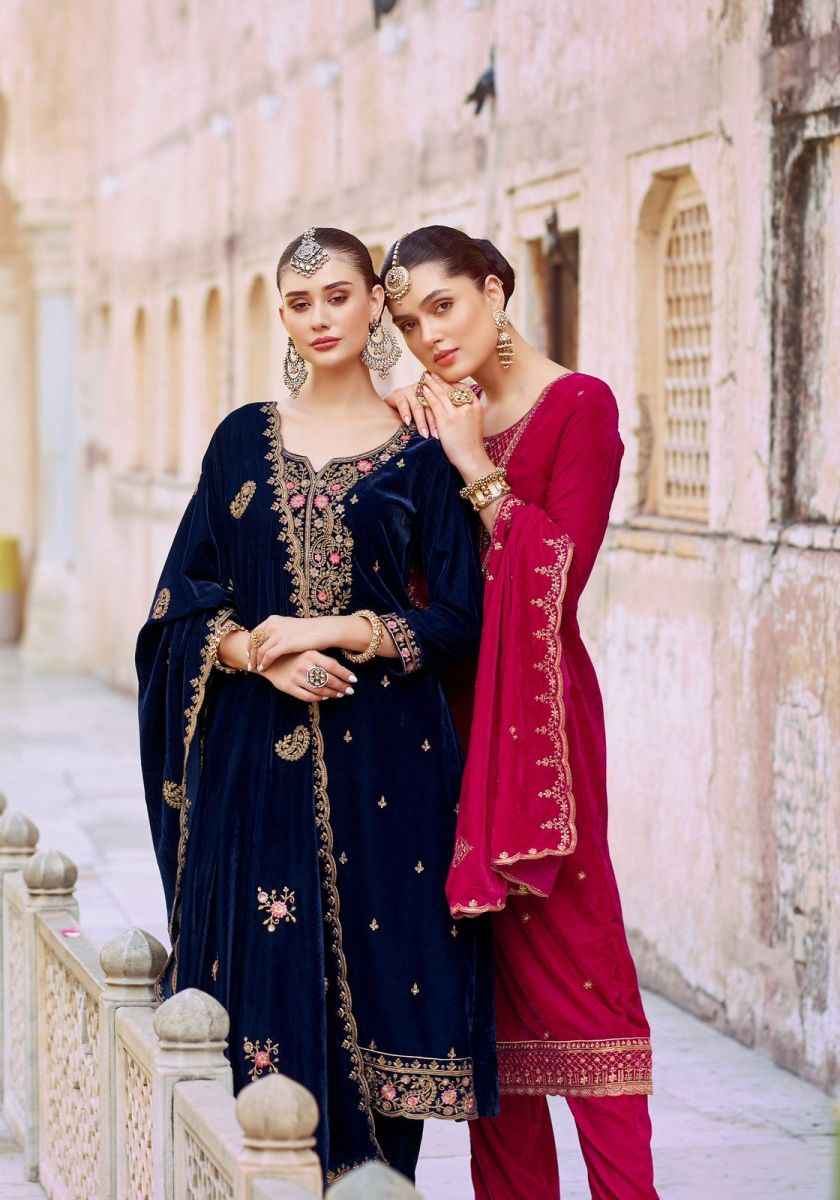 sachin and babi light blue dress Azure Navy blue Velvet Embroidery Dress 3pc – Floral Looms main image 1