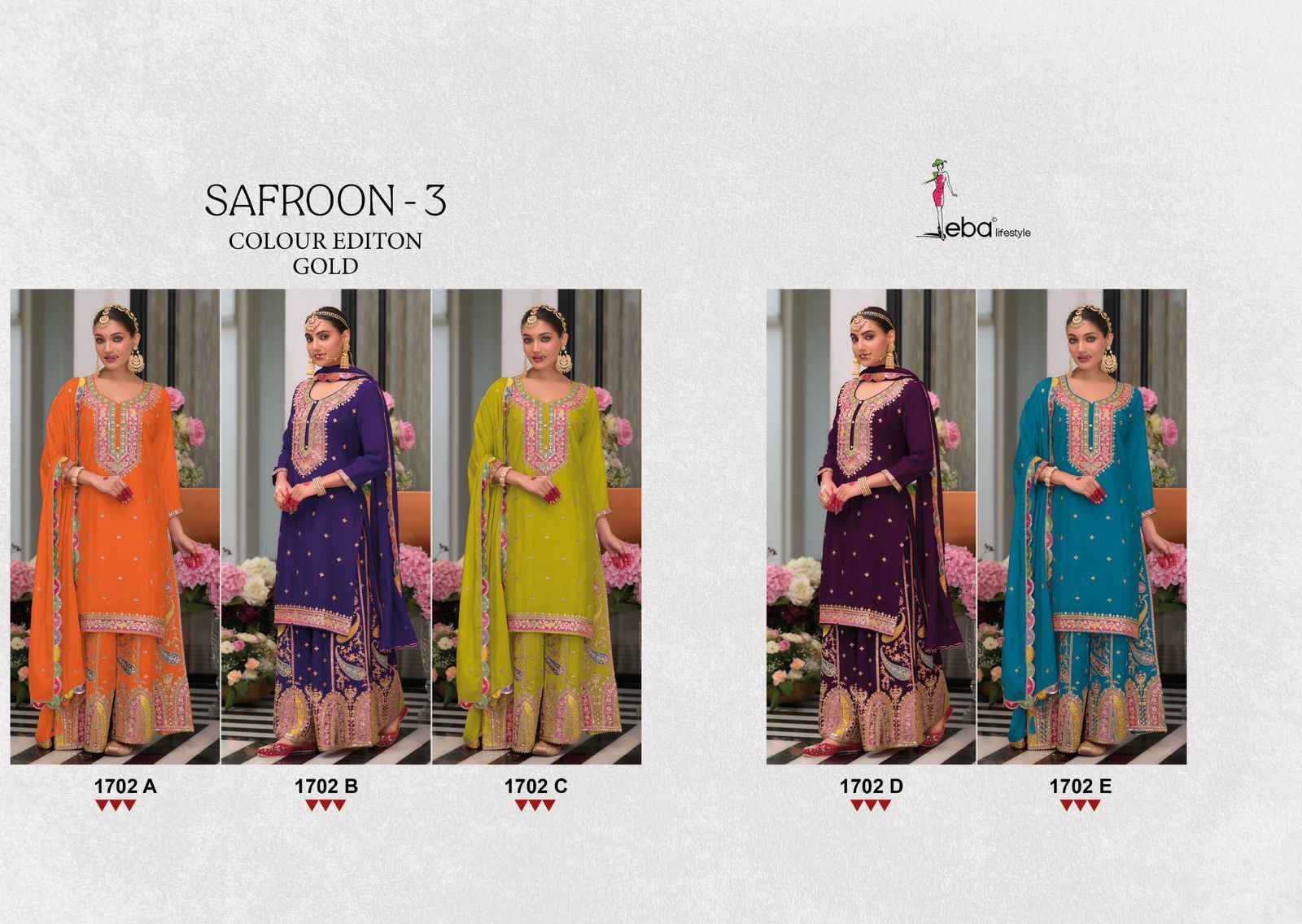 Eba Lifestyle Safroon Vol-3 Colour Edition Gold Readymade Chinon Dress (5 pcs Catalogue)