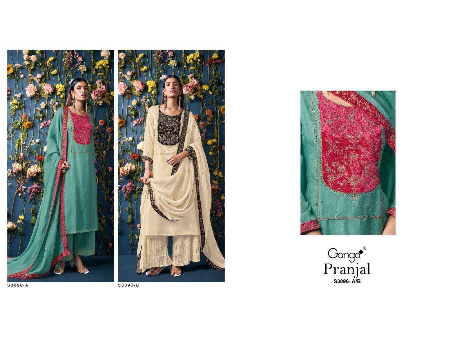 Ganga Pranjal-3096 Bamberg Silk Dress Material (2 pcs Catalogue)