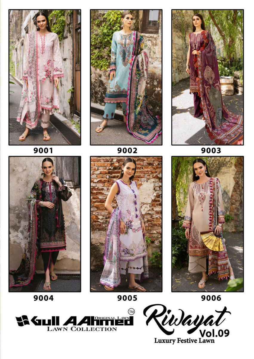 Gull Aahmed Riwayat Vol-9 Lawn Cotton Dress Material (6 pcs Catalogue)